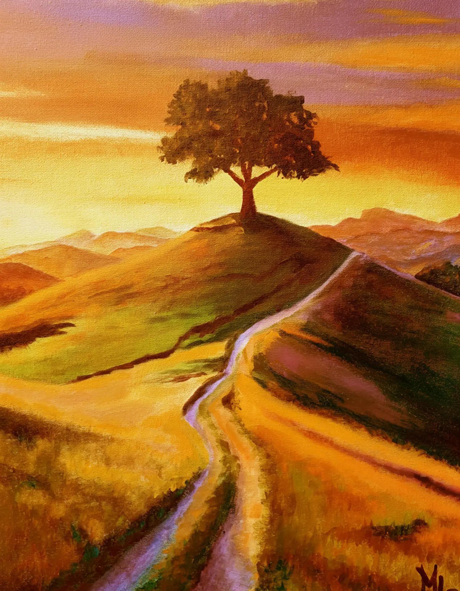 Painting of a lone tree on a hill at sunset with a winding path
